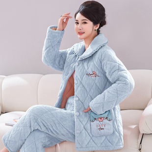 睡衣女秋冬季三层加厚加绒珊瑚绒夹棉中老年妈妈套装家居服冬天款