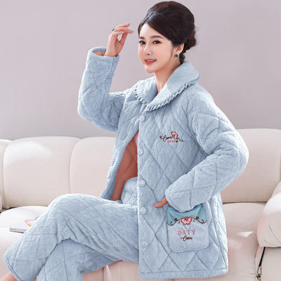 秋冬季珊瑚绒夹棉睡衣女