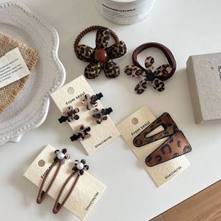 新款豹纹发夹充棉立体花朵复古美拉德秋冬色系蝴蝶结小众发饰发夹