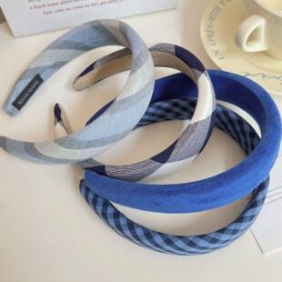 蓝色韩系风~ 清新温柔少女风文艺格子宽边甜美海绵2026年新款发箍