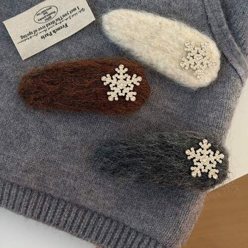 甜美秋冬米色毛绒水钻雪花发夹女前额碎发BB夹侧边刘海夹边夹发卡