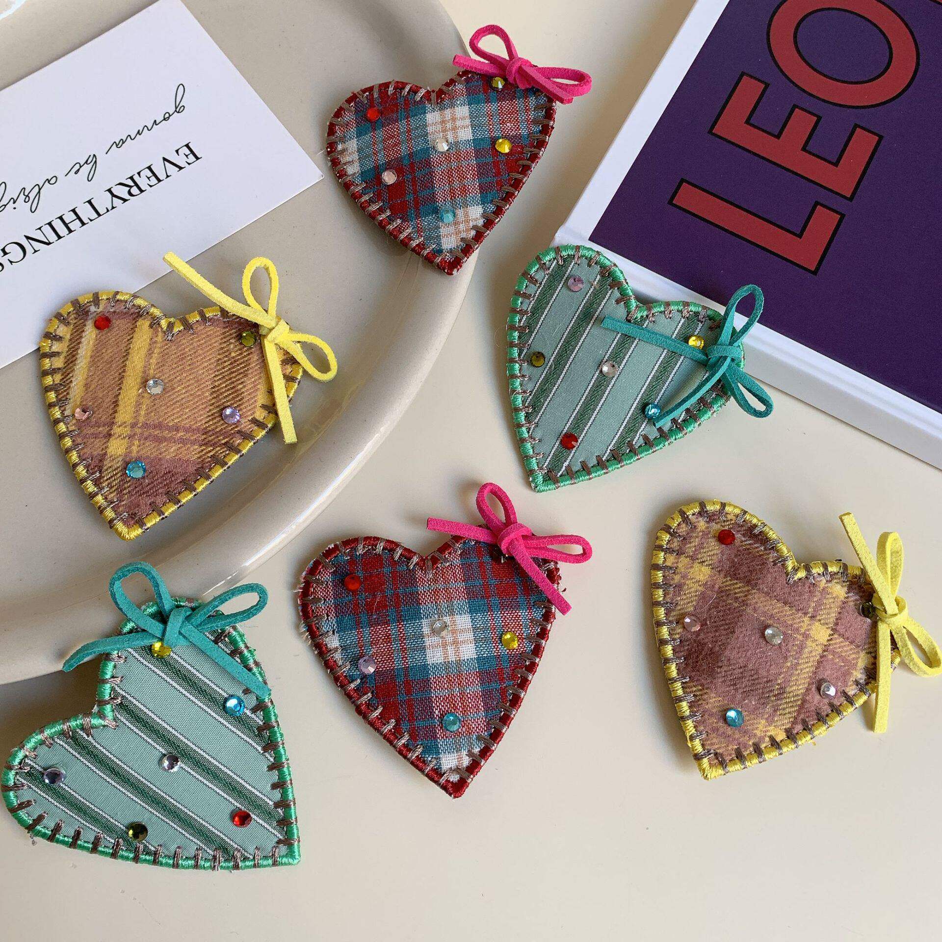 彩色水钻格纹蝴蝶结爱心发夹甜美少女侧边刘海夹桃心碎发发夹发饰