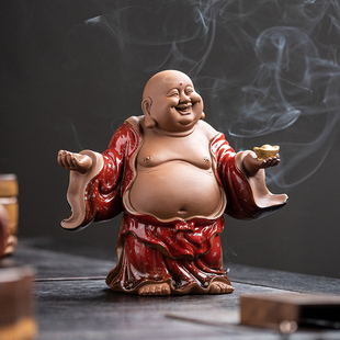 紫砂招财弥勒佛茶宠摆件禅意大肚笑佛中式家居茶室博古架桌面装饰
