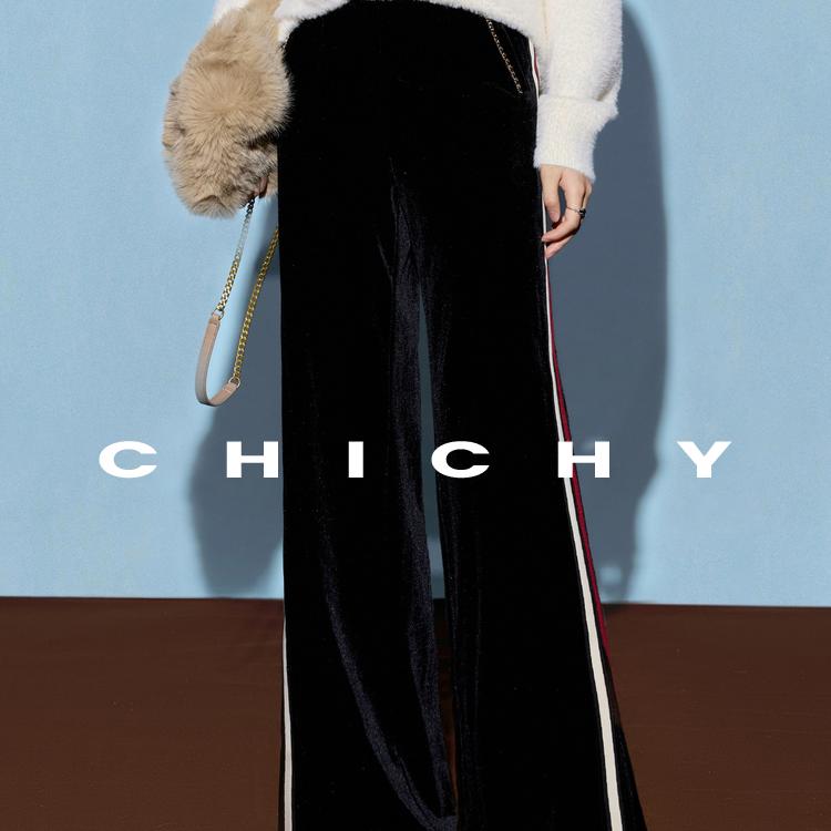 【添添kindiy】CHICHY法式名媛黑色开叉丝绒休闲裤CC6E005244