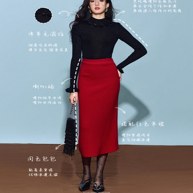 【薇薇专享】CHICHY黑色法式半高领毛针织衫CW0D019244