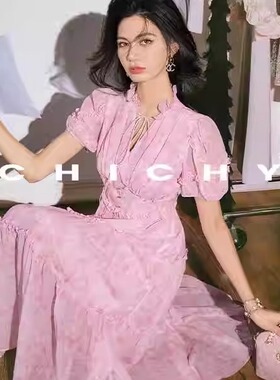 【七七酱直播间】CHICHY千金风浪漫仙气印花连衣裙CC8C023242