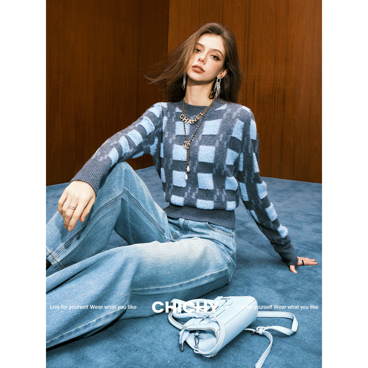 【七七酱直播间】CHICHY格纹圆领套头针织衫CV0D001254,女装/女士精品,毛针织衫,淘宝优惠券,粉丝福利购,淘宝优惠卷