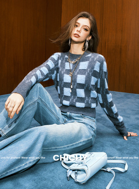 【七七酱直播间】CHICHY格纹圆领套头针织衫CV0D001254