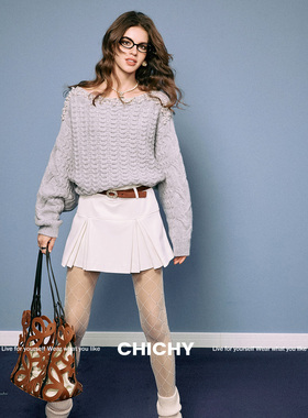CHICHY灰色重工露肩毛针织衫上衣CW0D012251