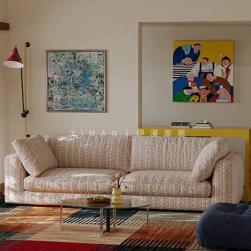 政府补贴侘寂风莱茵沙发可拆洗布艺羽绒客厅直排多巴胺沙发设计师