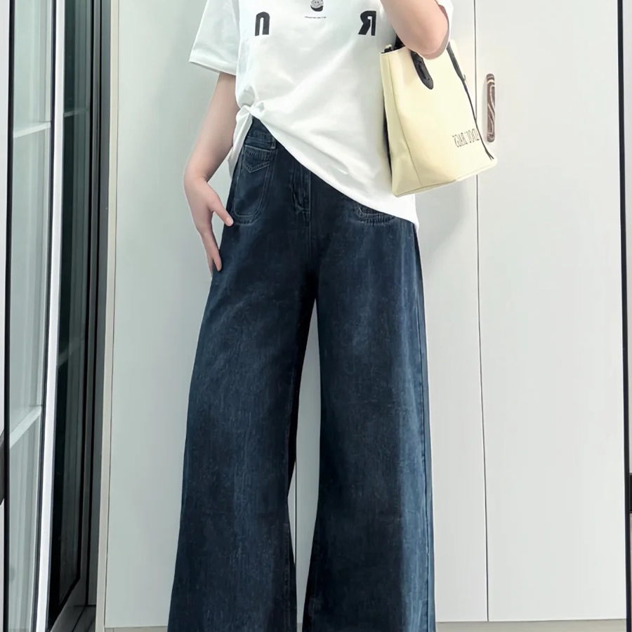 胖mm大码女装牛仔裤阔腿显瘦韩系微胖慵懒风遮肉穿搭高腰宽松垂感