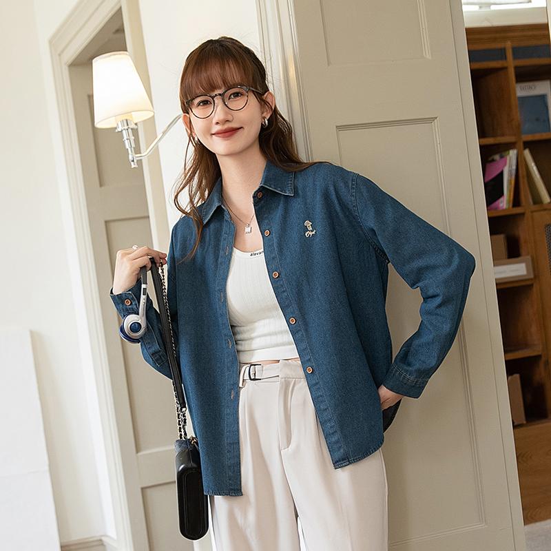 复古休闲百搭刺绣牛仔衬衫外套女春秋2025新款宽松港风小个子上衣