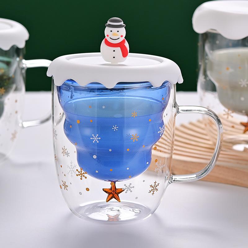 多层玻璃保温饭盒新款圣诞杯带盖双层隔热杯高颜值网红咖啡杯