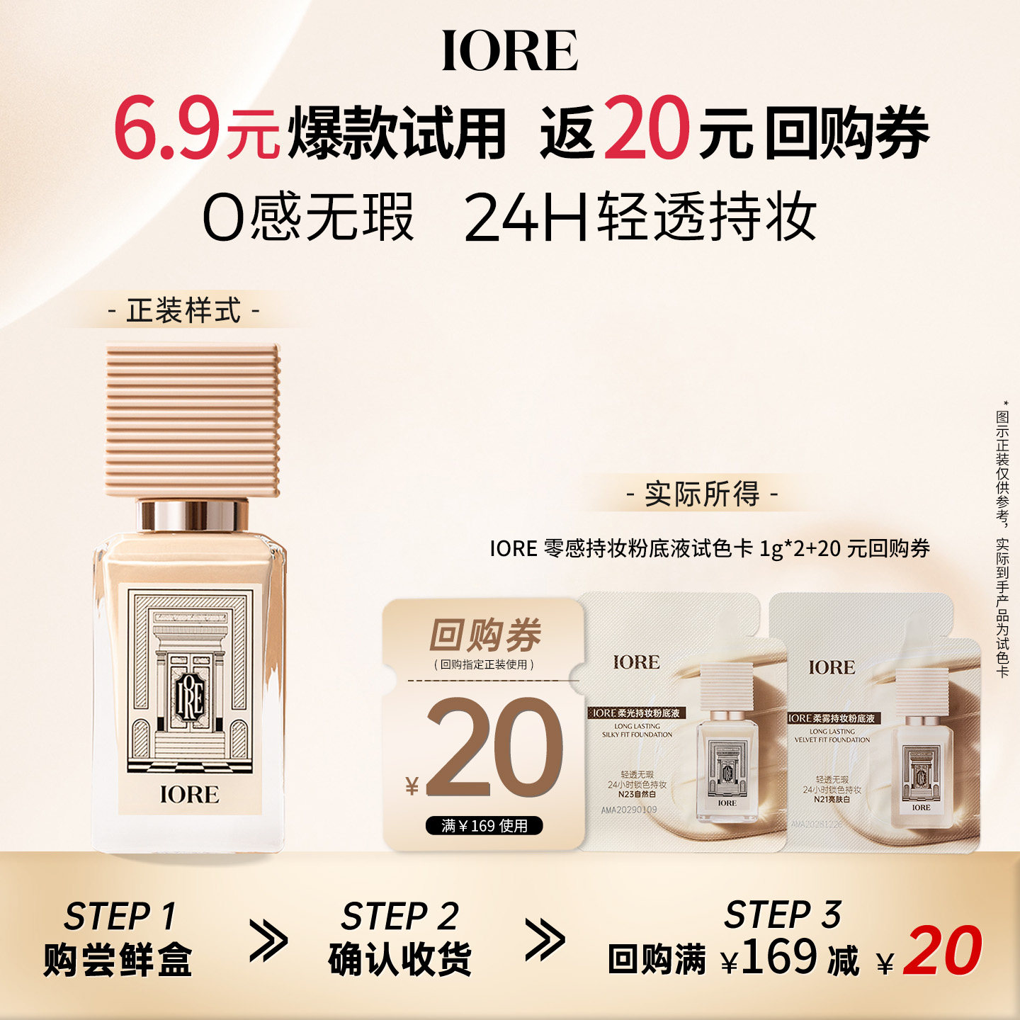 【U先试用】IORE柔光持久粉底液试色卡化妆便携旅行试色分装小样