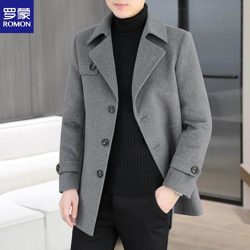 罗蒙男士羊毛呢大衣男中长款休闲外套秋冬季加厚修身羊绒呢子风衣