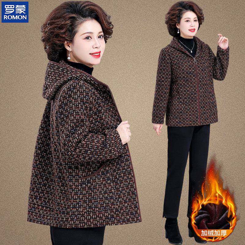 罗蒙妈妈秋冬羊毛呢外套中老年人加绒加厚衣服女奶奶冬装呢子大衣