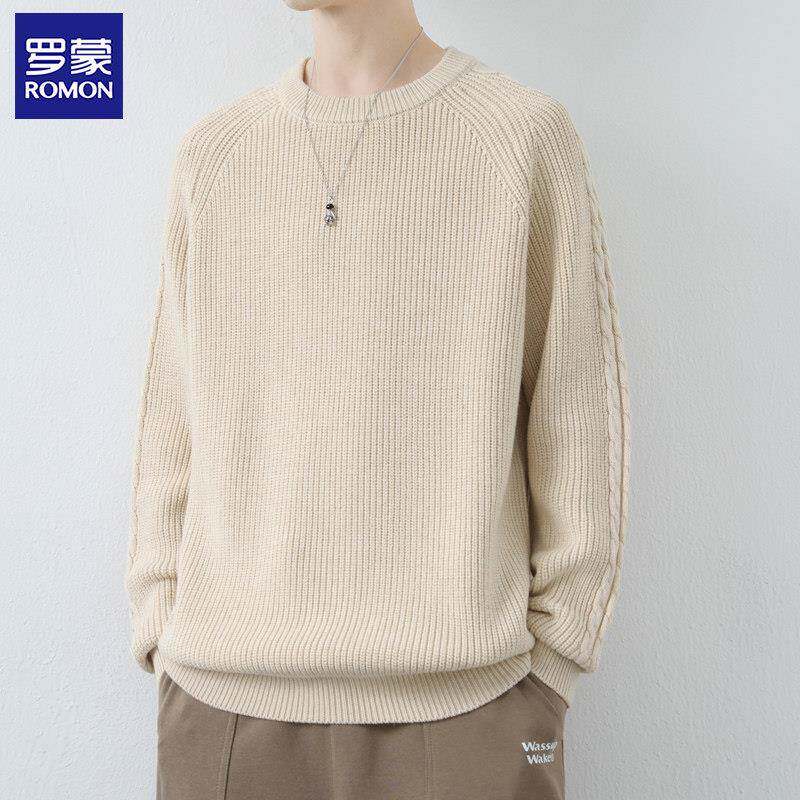 罗蒙毛衣男士秋冬季新款宽松百搭纯棉圆领线衣潮流休闲打底针织衫
