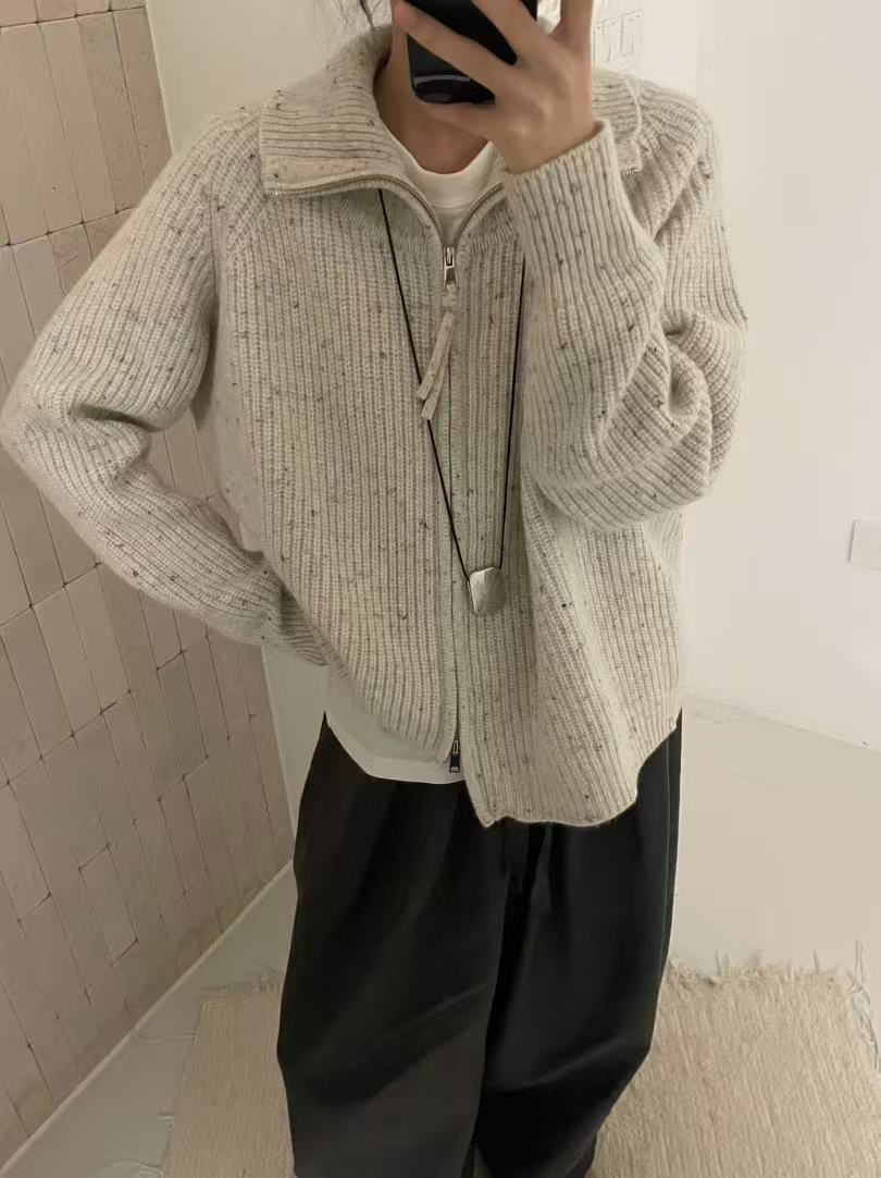 CHAO级推荐韩国百搭简约双头拉链全绵羊毛针织开衫加厚毛衣外套女