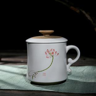 亚光白手绘陶瓷办公杯带盖过滤家用个人杯会议泡茶杯商务活动礼品