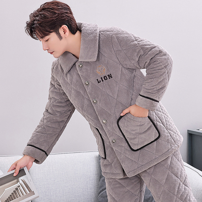 全棉纯棉秋冬季男士睡衣三层夹棉珊瑚绒冬款加厚加绒保暖法兰绒家