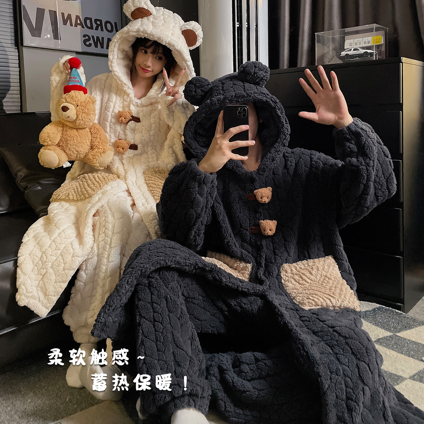 法兰绒情侣睡衣女秋冬季天加厚加绒保暖可爱小熊睡袍浴男士家居服