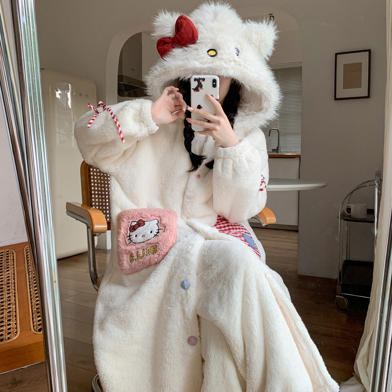 全棉纯棉2025新款睡袍女秋冬季睡衣加厚保暖珊瑚绒连帽可爱猫咪家