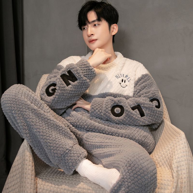 全棉纯棉珊瑚绒睡衣男士秋冬季加绒加厚青少年冬天款法兰绒卡通家