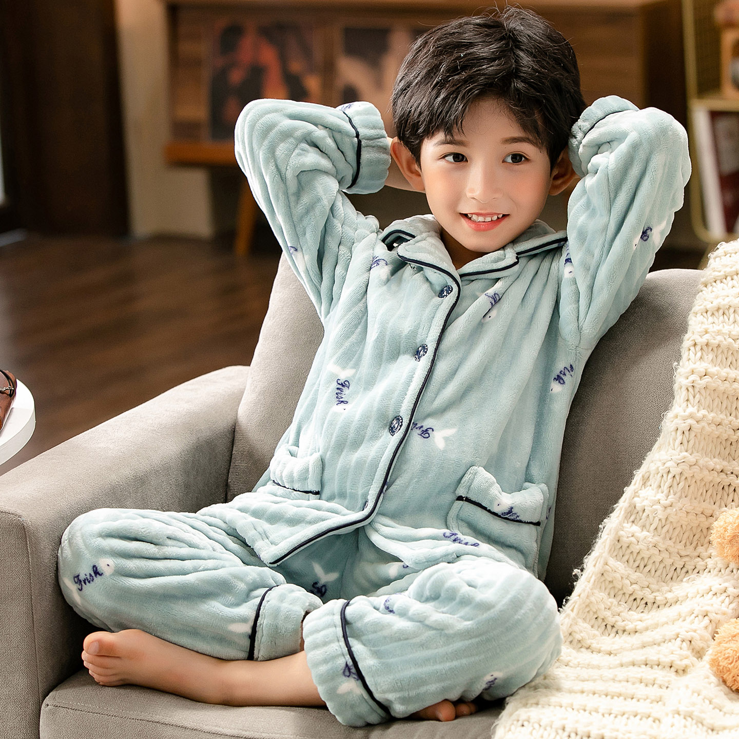全棉纯棉儿童法兰绒睡衣秋冬款加厚男童女童13岁珊瑚绒大童宝宝家