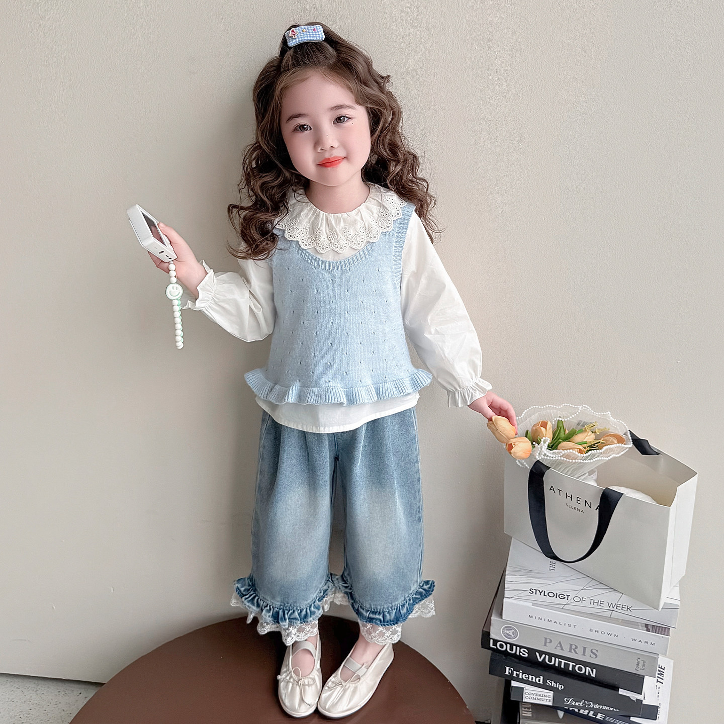 女童春秋新款甜美背心洋气打底衫三件套女娃娃花边公主牛仔裤套装