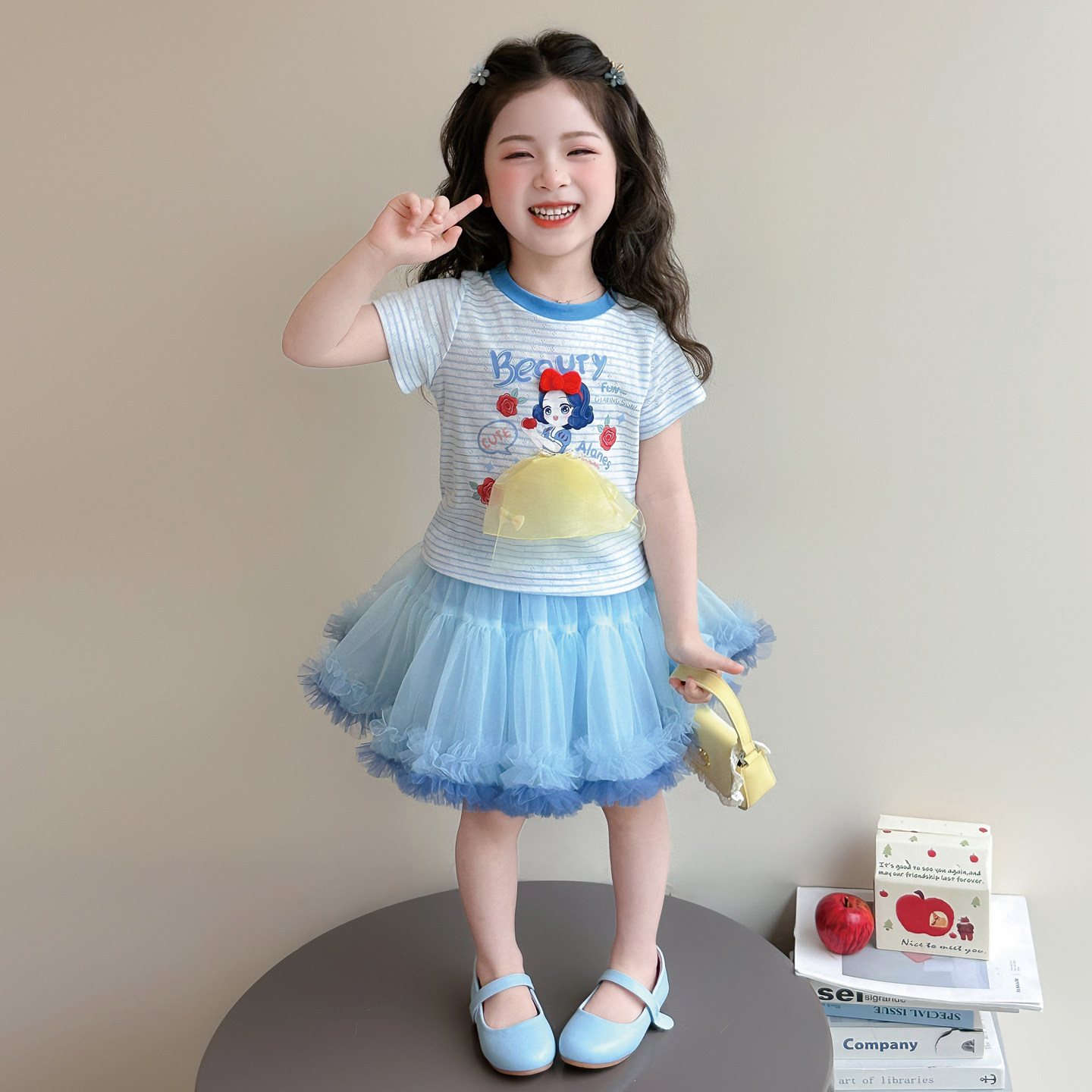 女宝宝夏季新款白雪公主条纹短袖套装儿童甜美短裙纱裙洋气两件套