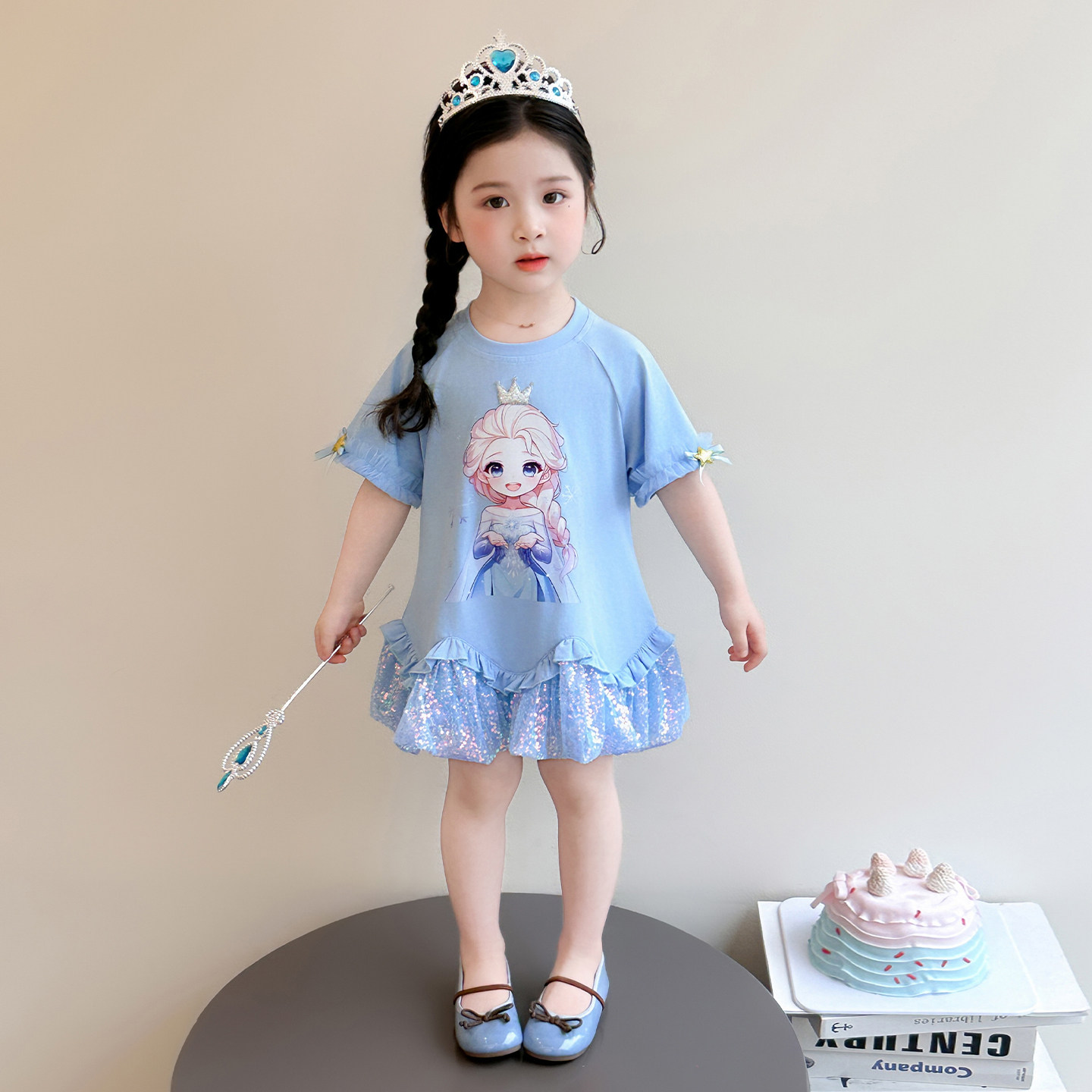女娃夏季新款卡通甜美艾莎公主裙短袖裙儿童时尚亮片连衣裙花边裙