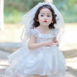 女童夏季新款甜美头纱公主裙白色婚纱裙女娃娃花童连衣裙礼服裙子