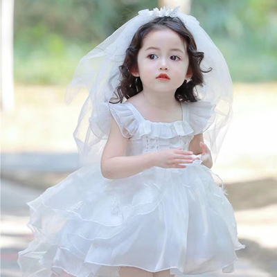 女童夏季新款甜美头纱公主裙白色婚纱裙女娃娃花童连衣裙礼服裙子