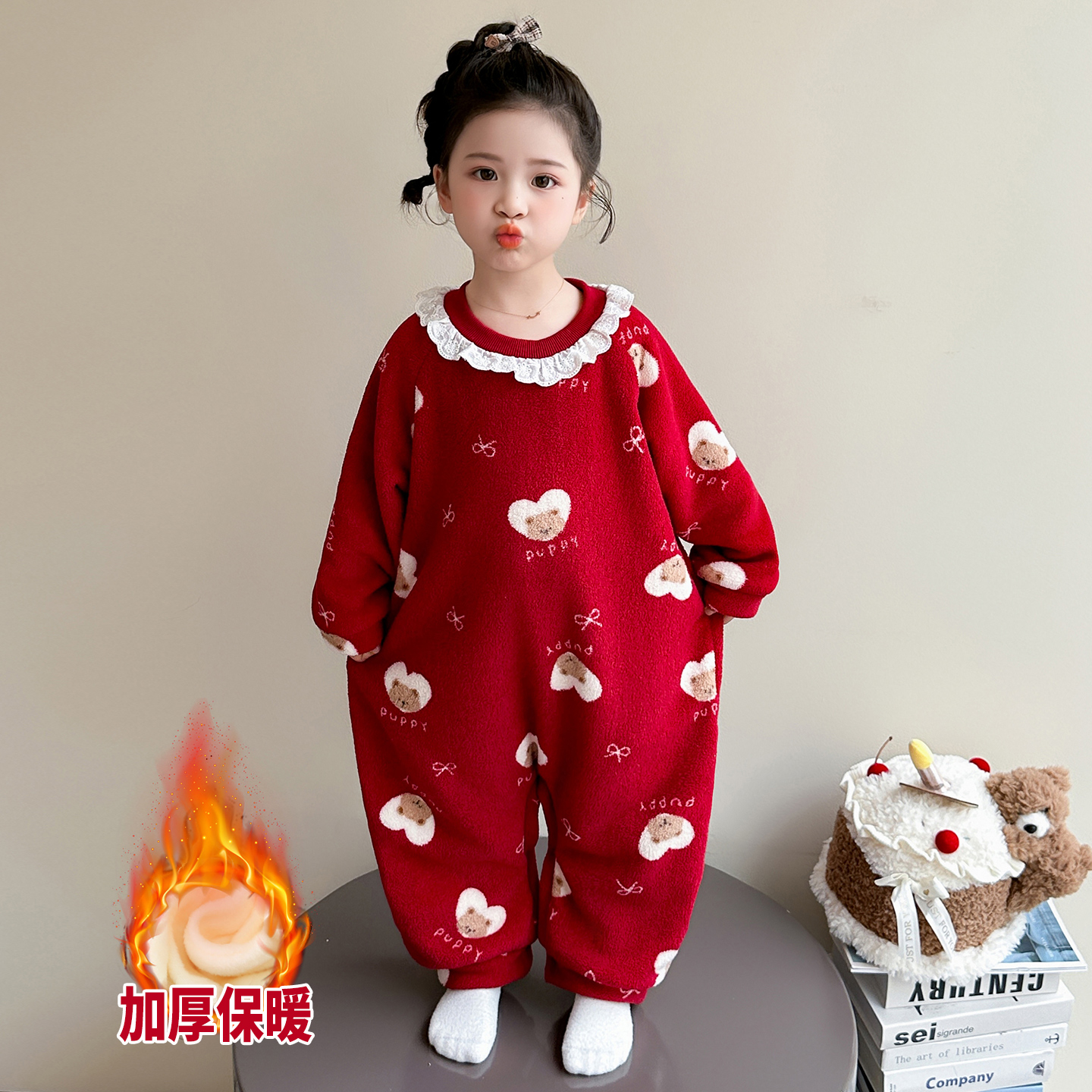 小女孩冬季新款摇粒绒加厚连体睡衣女宝宝甜美保暖爬服卡通家居服
