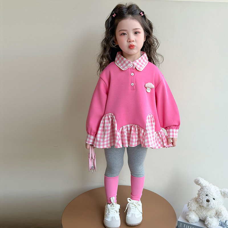 女童春秋新款甜美卫衣裙格子套装女娃娃亲肤外穿打底裤可爱两件套