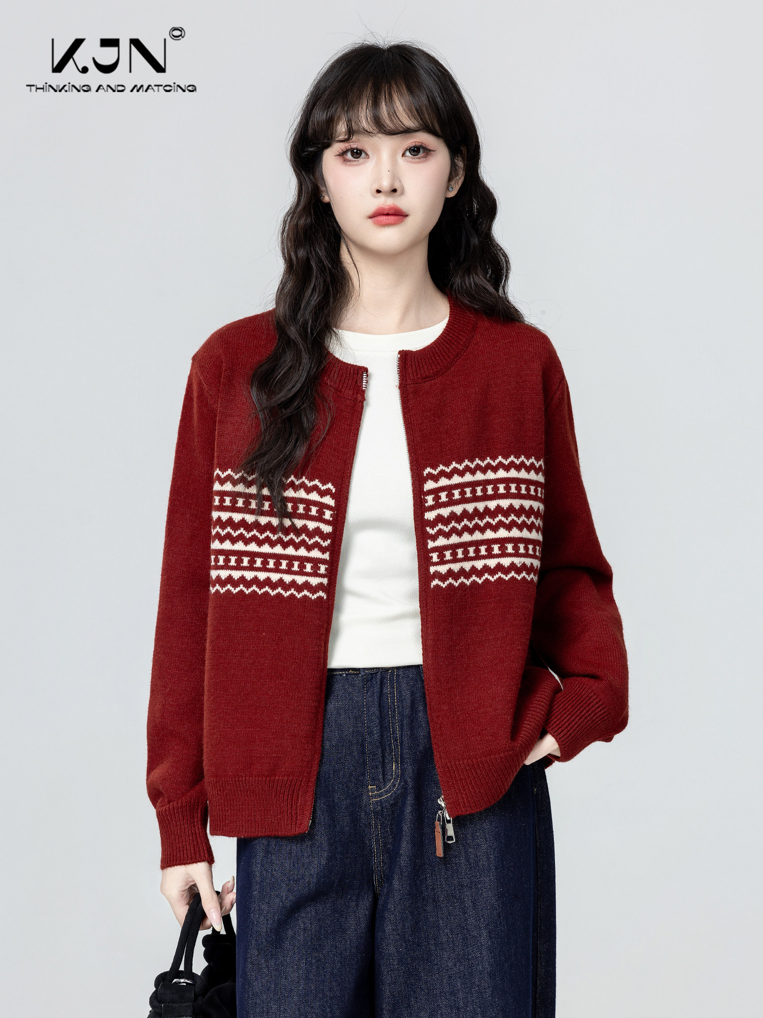 红色圆领毛衣外套女春秋2025秋新款费尔岛双拉炼针织开衫短款上衣,女装/女士精品,毛衣,淘宝优惠券,粉丝福利购,淘宝优惠卷