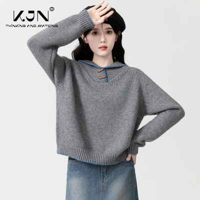 灰色牛角扣毛衣女2024秋冬新款polo领宽松慵懒加厚针织衫套头上衣