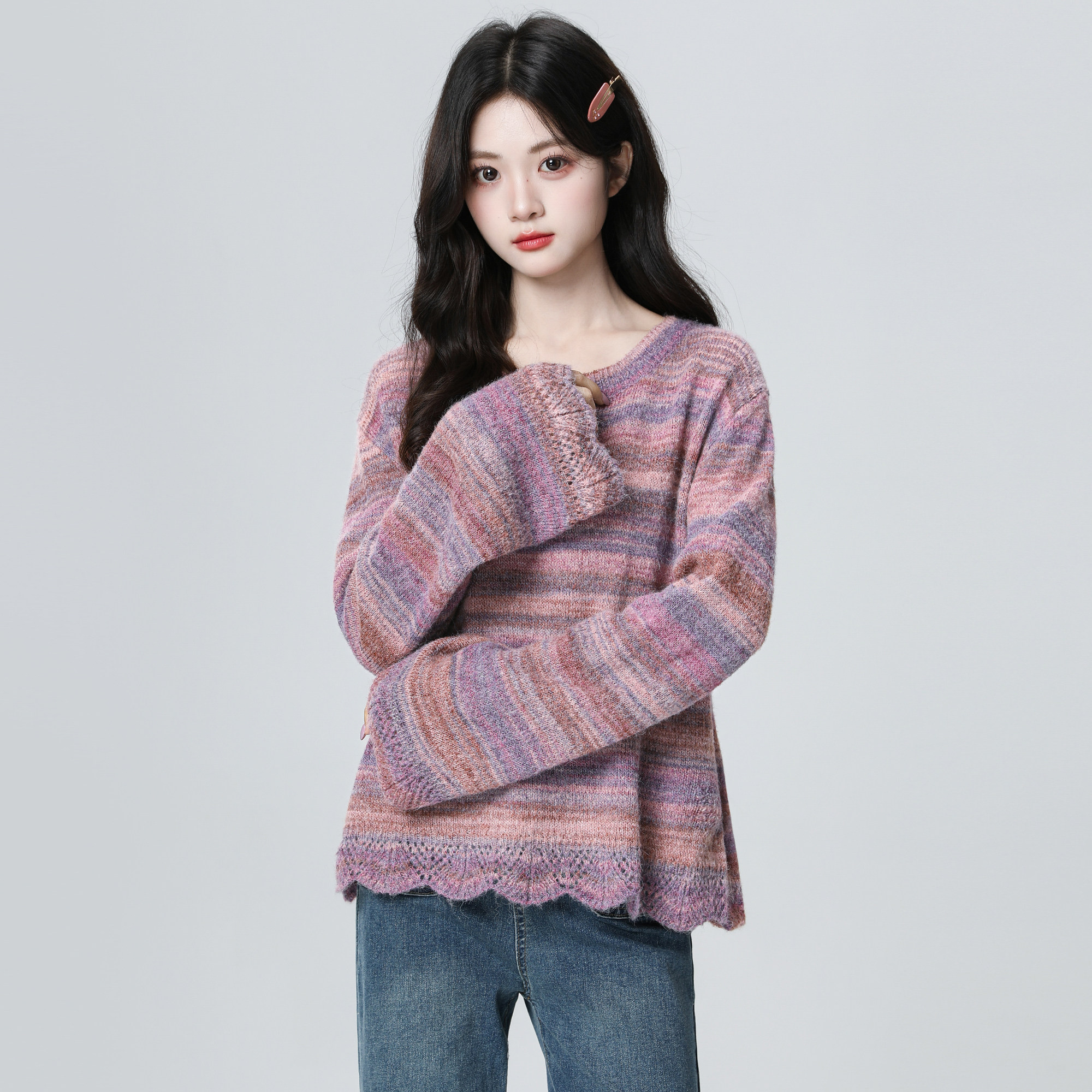 紫色条纹圆领针织衫女春秋2025秋新款复古宽松慵懒风软糯毛衣上衣