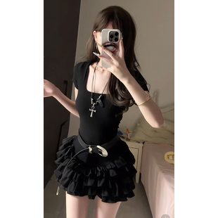 T恤上衣半身裙蓬蓬蛋糕裙套装 甜酷暗黑辣妹风修身 纯欲性感气质风