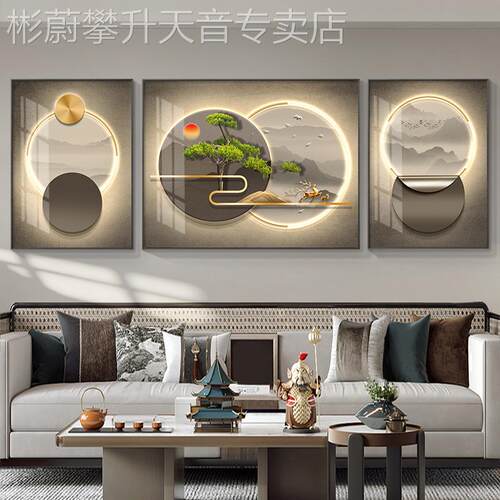 网红新中式客墙装饰画沙发背景挂画三联画高级感轻奢鹿大气壁厅画