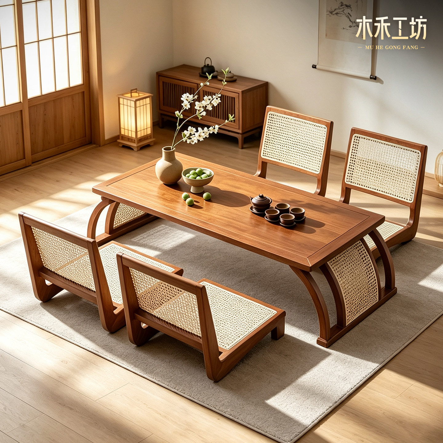 日式小桌子实木藤编茶室榻榻米桌椅组合中式禅意茶台阳台矮茶桌椅图片
