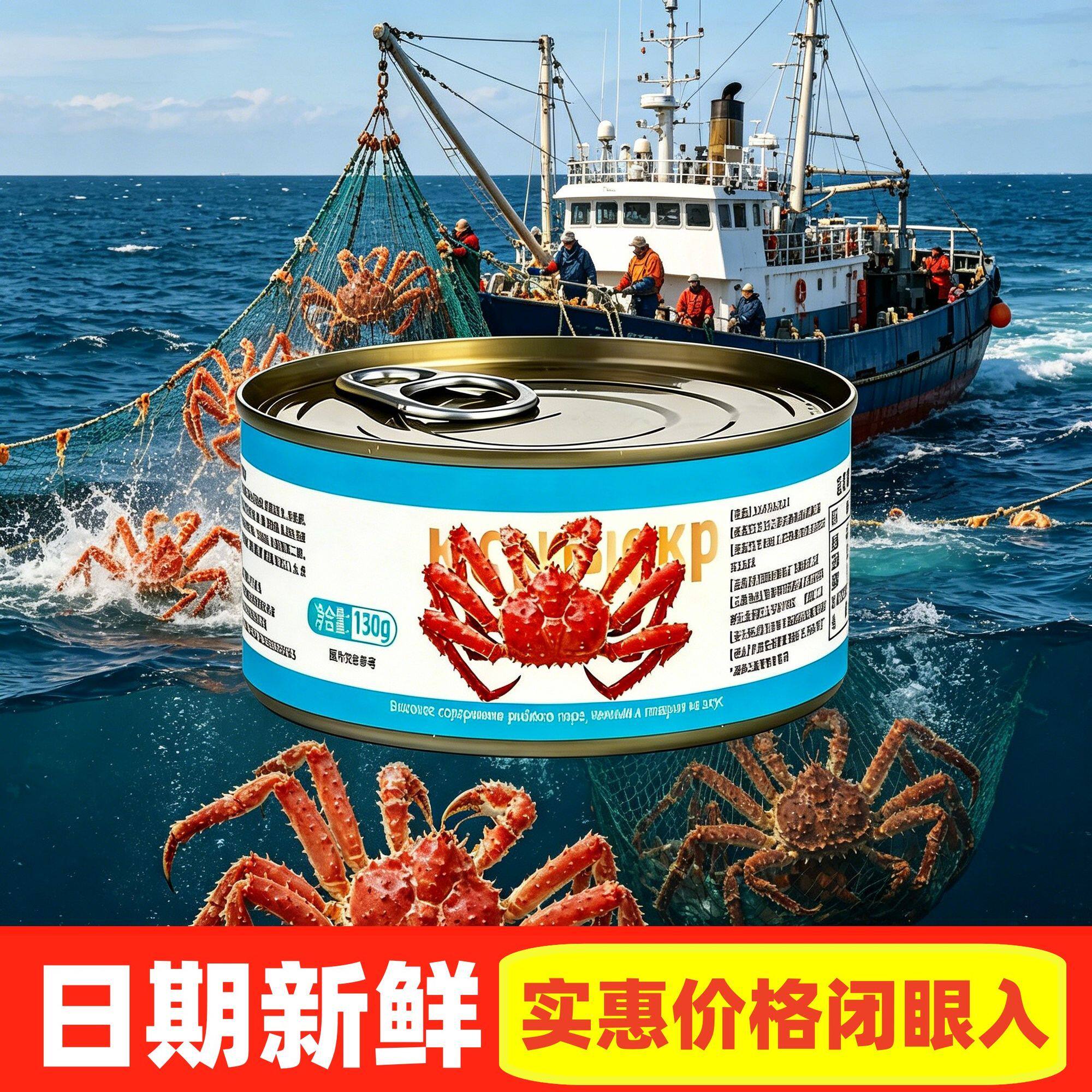 帝王蟹罐头俄罗斯速食新鲜海味罐头海鲜蟹柳肉腿130克开盖肉即食