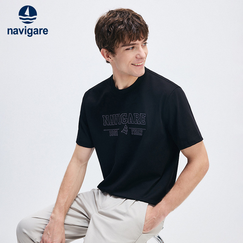 [纯棉]Navigare意大利小帆船黑色重磅T恤男短袖夏季休闲圆
