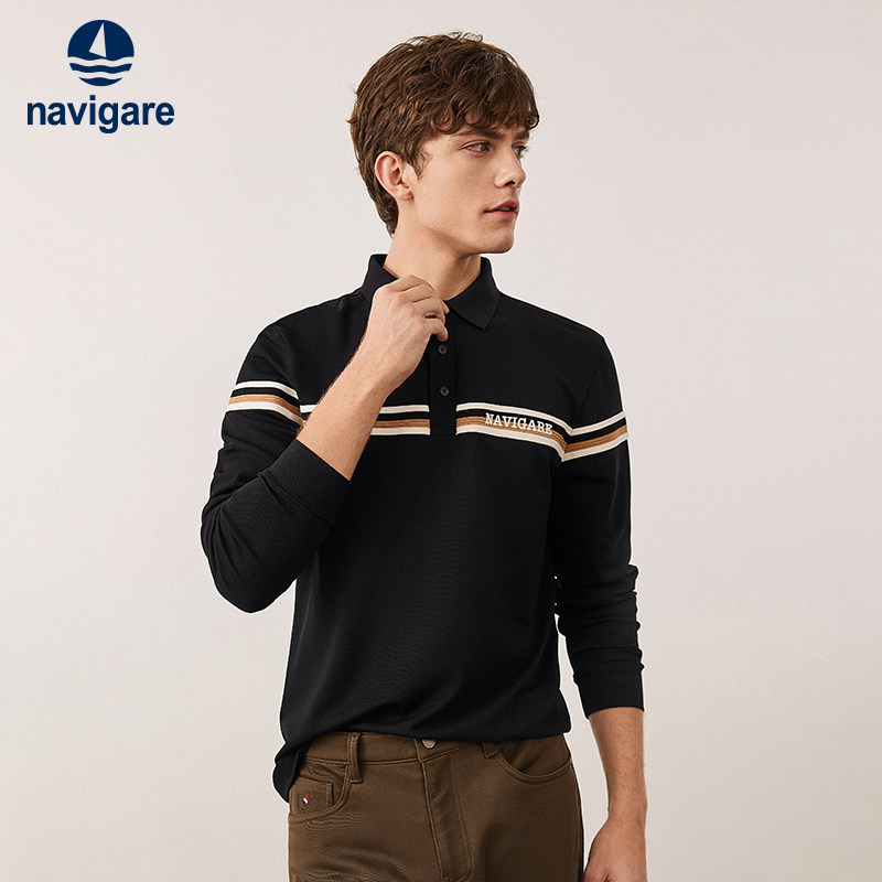 [磨毛]Navigare意大利小帆船黑色保罗polo衫男士新款长