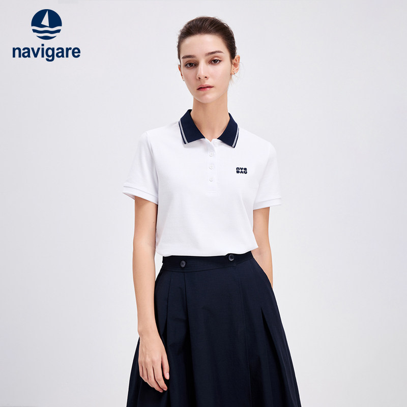 Navigare意大利小帆船夏季白色短袖polo衫女士翻领T恤休闲菠萝衫