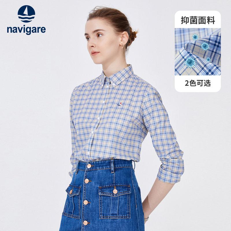 Navigare意大利小帆船春季蓝色高级感衬衫女长袖休闲百搭格子