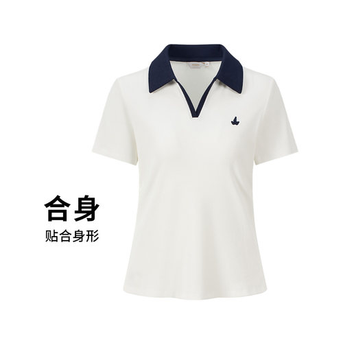 Navigare/纳维凯尔夏季新款女士撞色翻领短袖修身T恤上衣DY