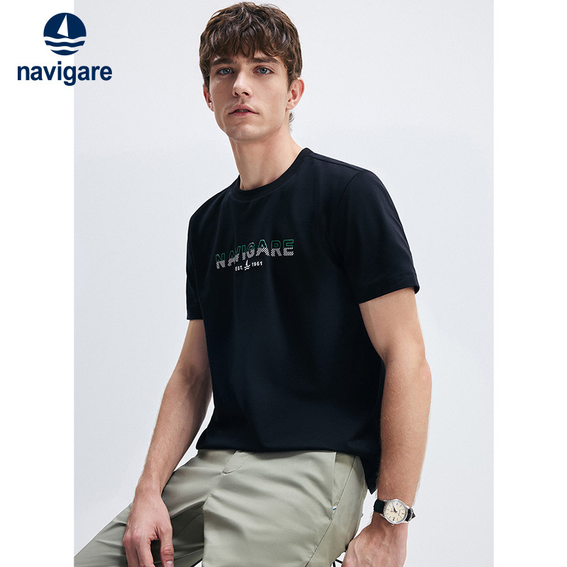 Navigare意大利小帆船夏季百搭字母T恤男士短袖黑色圆领体恤