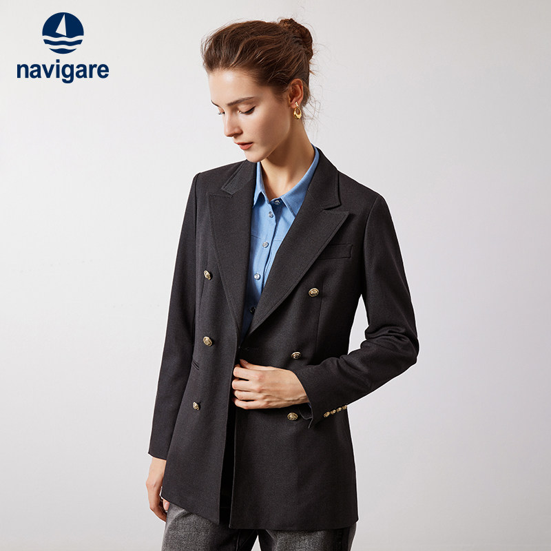 Navigare意大利小帆船中长款休闲西服女秋季戗驳领西装外套