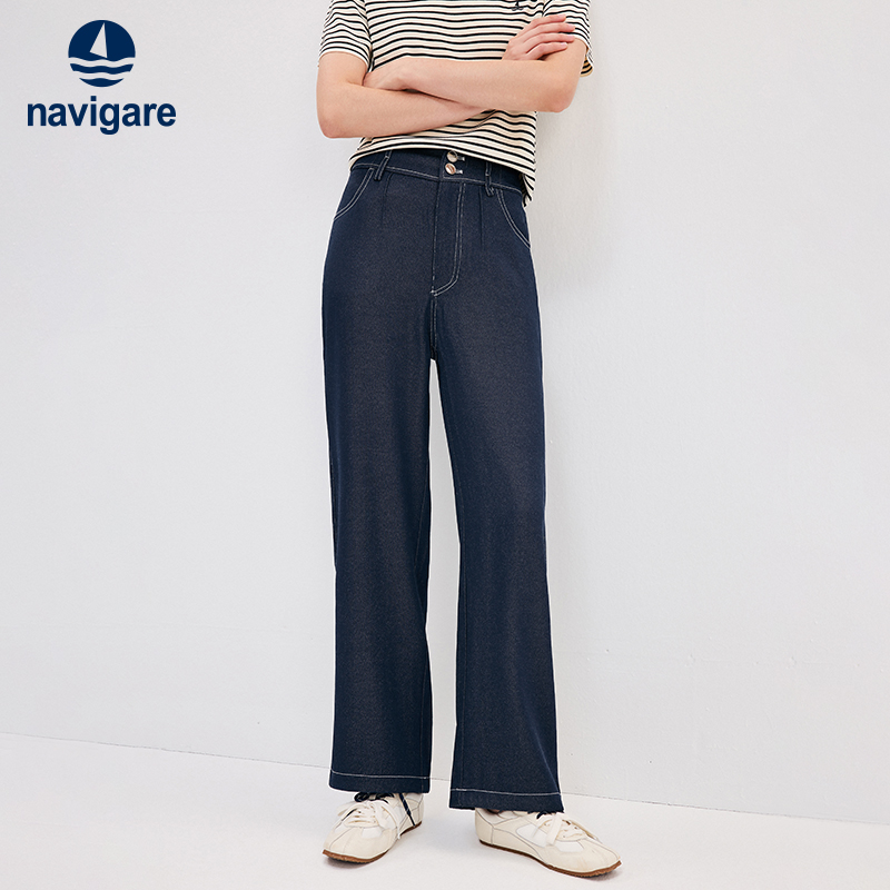 小帆船蓝色高腰仿牛仔休闲裤